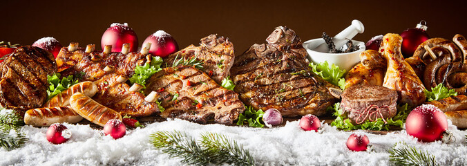 Fresh grilled meat decorated with snow