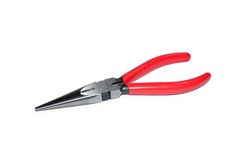 Neddle nose pliers with red rubber hand grips, isolated on white background