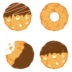 Traditional cookies with chocolate crisps. Bitten, broken, cookie crumbs. Vector illustration in cartoon flat style.