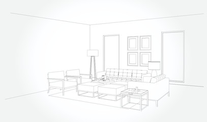 Fototapeta premium Linear sketch of an interior. Room plan. Sketch Line bedrooms. Vector illustration.outline sketch drawing perspective of a interior space