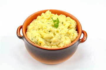 dish of mashed potatoes on a white background