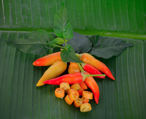  hot chili peppers on a banana leaf  (chili, chilli, pepper)
