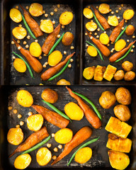 Tree photos in one - horizontal, vertical, square. Vegetarian grill vegetables  - pieces of potato, carrot, asparagus, chickpeas on black pan. Bbq Appetizer Recipe. Healthy snacks, vegetarian snacks c