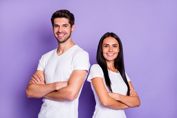 Close-up portrait of his he her she nice attractive lovely content cheerful cheery couple folded...