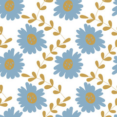 Hand drawn irregular floral vector patterns. Blue abstract flowers and branches isolated on white background. Simple flower vector repeatable design.