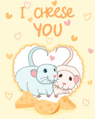 Obraz na płótnie Canvas two cute lovely rats with cheese in heart frame valentines greeting card, i choose you slogan, editable vector illustration