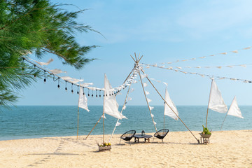 outdoor cafe at the beach resort or hotel. Luxury beach landscape, Thailand