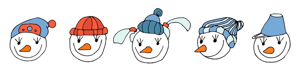 Set of Graphic Emoticons - snowmans. Collection of Emoji. Smile icons. Vector illustration on white background	