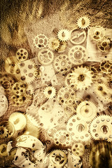 Closeup gears and cogs. Gold color. Copper.