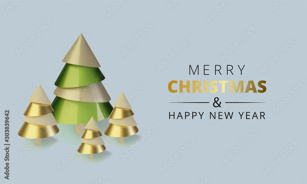 Poster metallic gold 3d christmas tree. realistic abstract background with 3d. greeting card, invitation wi