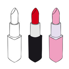 Set of pink, red and brown lipstick. Vector illustration isolated on white background. - obrazy, fototapety, plakaty