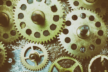 Closeup gears and cogs. Mechanism. Mechanic action.