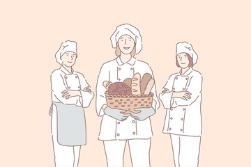 Baker, advertising, cook, business concept. Young happy people, men and woman promote bakery. Professional chefs offer products, bread, French loaf. Kitchen, cooking industrial. Simple flat vector.