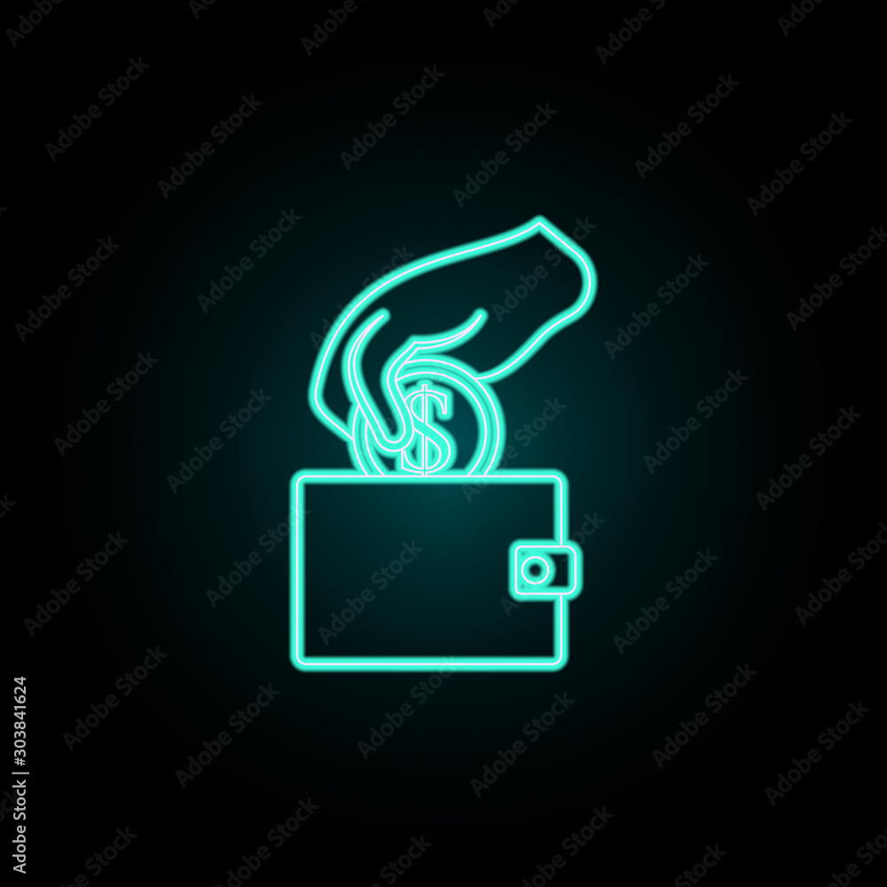 Poster hand puts a coin in a wallet neon icon. simple thin line, outline vector of banking icons for ui and