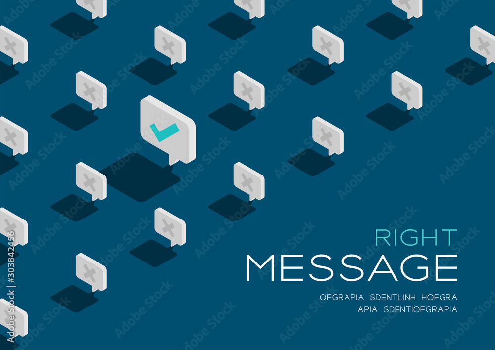Aufkleber checkmark sign in speech bubble message 3d isometric pattern, correct text send concept poster and s