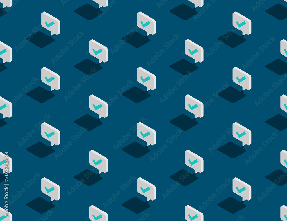 Aufkleber checkmark sign in speech bubble message 3d isometric seamless pattern, correct text send concept des