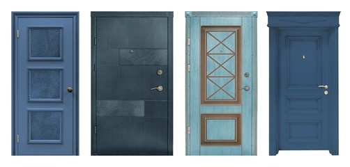 Set of models of entrance metal doors isolated on white background