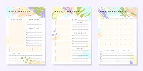 Vector planner templates with hand drawn shapes and textures in pastel colors.Organizer and schedule with place for notes,goals and to do list.Trendy minimalistic style.Abstract modern design.