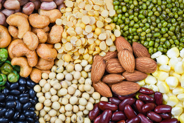 Collage various beans mix peas agriculture of natural healthy food for cooking ingredients - Set of different whole grains beans and legumes seeds lentils and nuts colorful snack texture background