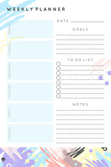 Vector weekly planner template with hand drawn shapes and textures in pastel colors.Organizer and schedule with place for notes,goals and to do list.Trendy minimalistic style.Abstract modern design.