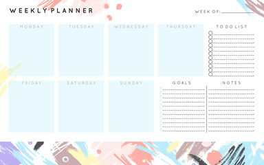 Vector weekly planner template with hand drawn shapes and textures in pastel colors.Organizer and schedule with place for notes,goals and to do list.Trendy minimalistic style.Abstract modern design. - obrazy, fototapety, plakaty