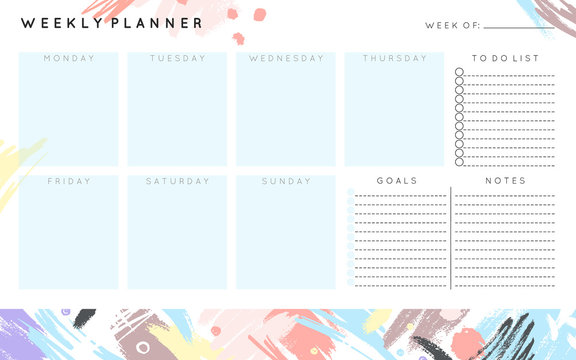 Vector weekly planner template with hand drawn shapes and textures in pastel colors.Organizer and schedule with place for notes,goals and to do list.Trendy minimalistic style.Abstract modern design.