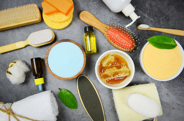 Set products natural body care herbal dermatology cosmetic hygienic for beauty skincare treatment personal hygiene salt scrub objects/ Natural bath products honey soap herbs spa