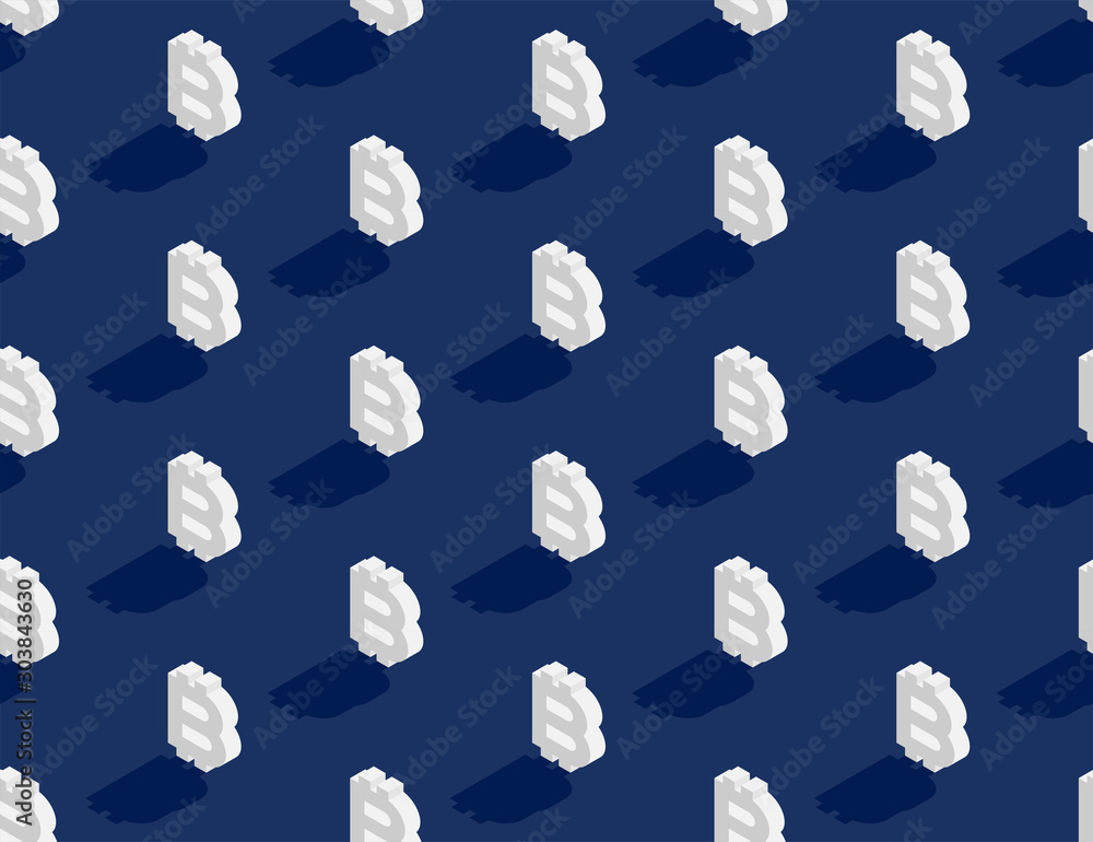 Poster bitcoin currency symbol 3d isometric seamless pattern, cryptocurrency blockchain technology concept 