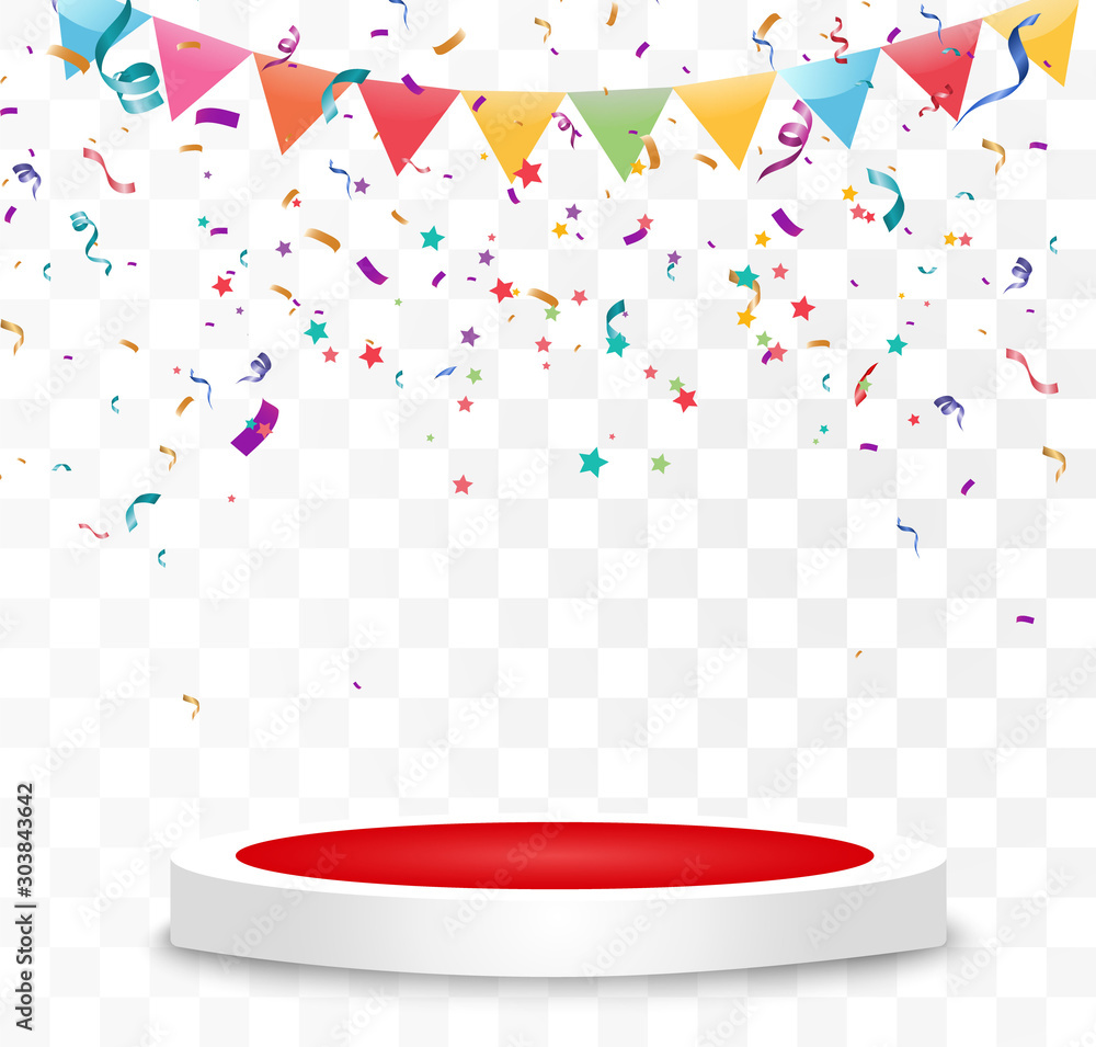 Poster Lots of colorful tiny confetti and ribbons on transparent background. Festive event and party. Multicolor background. Colorful bright confetti isolated on the podium.