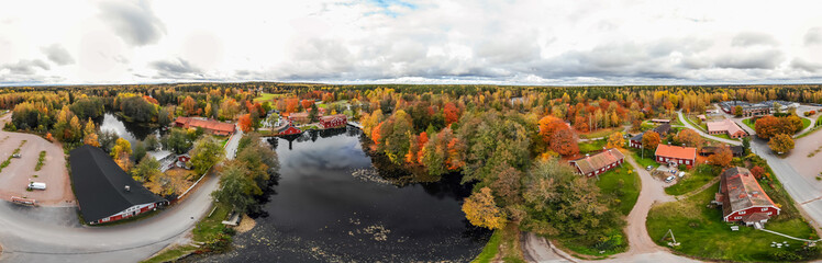Aerial panoramic view of old village Ruotsinpyhtaa at autumn, Finland.