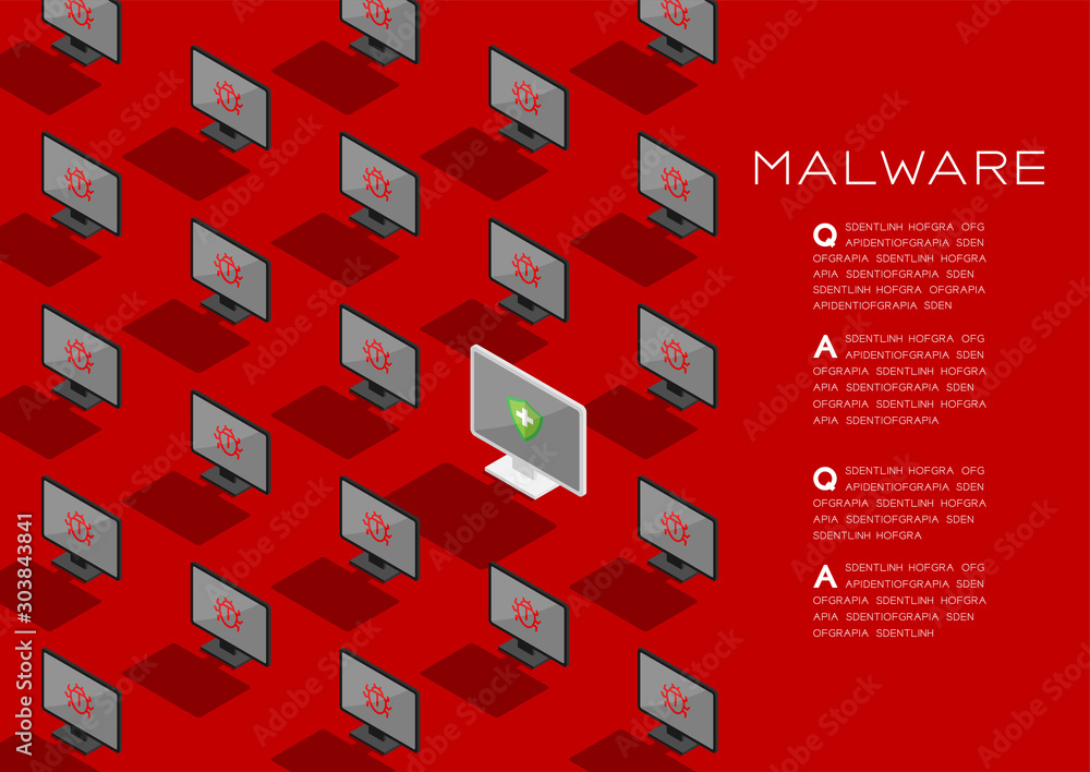 Poster computer all in one 3d isometric pattern, malware virus protection concept poster and social banner 