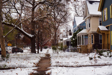 Residential neighborhood after snowfall