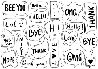 001 hand drawn background Set of cute speech bubble eith text in doodle style