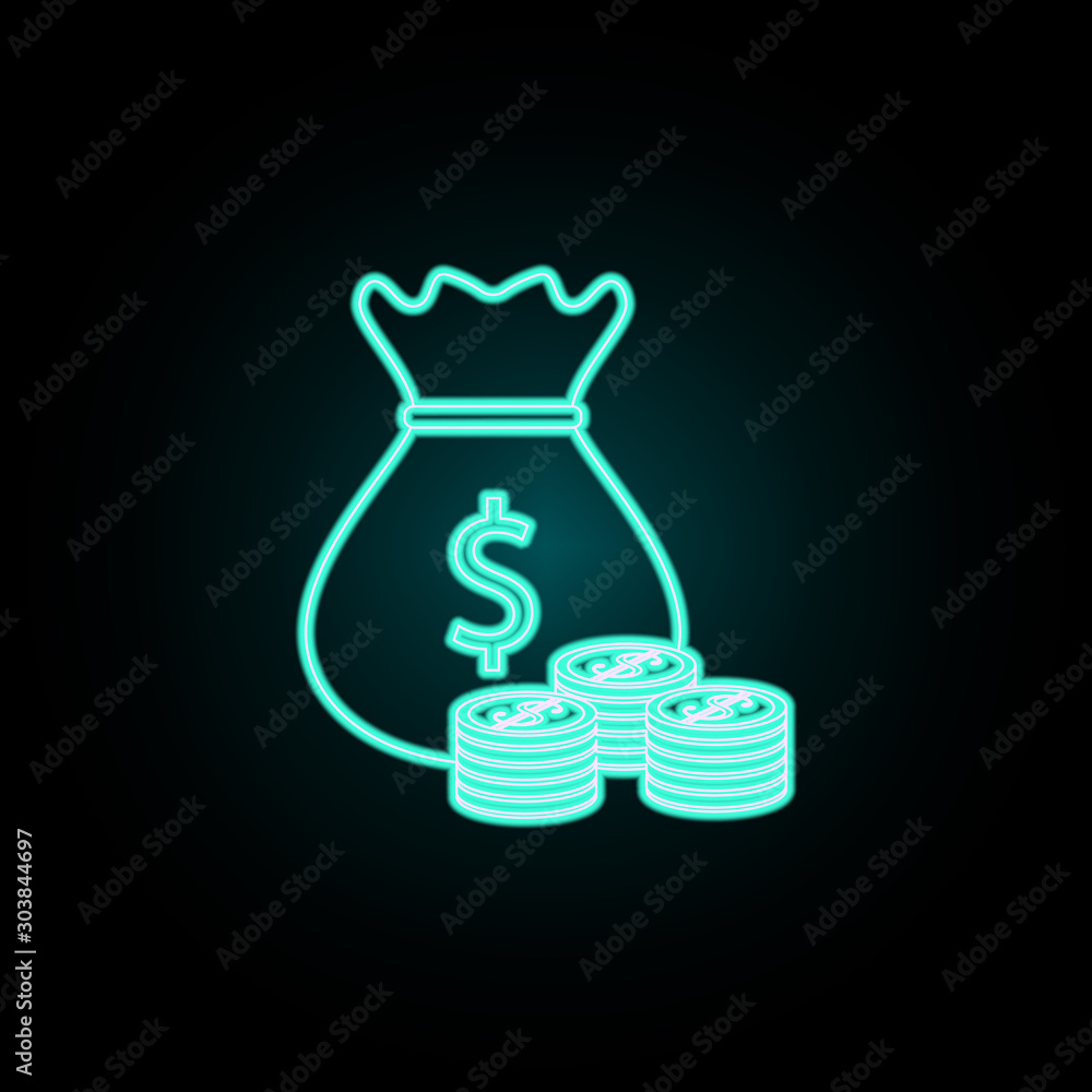 Poster bag of money and coins neon icon. simple thin line, outline vector of banking icons for ui and ux, w
