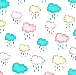 Gardinen Clouds pattern vector illustration. Vector kids pattern with clouds, rain drops and dots. Background for cafes, restaurants, coffee shops, catering. Texture for menu, booklet, banner, website.  © OlenaHalahan