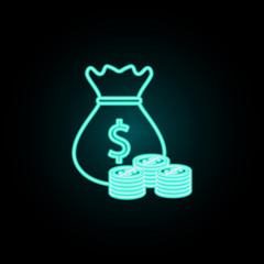 Bag of money and coins neon icon. Simple thin line, outline vector of banking icons for ui and ux, website or mobile application