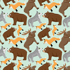 Seamless pattern with cute forest animals on a green background.
