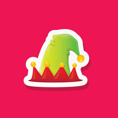 vector funky cartoon cute christmas elf hat isolated on pink background. vector kids colorful elf hat sticker, icon or label . Christmas decorative design element for banner, flyer or poster
