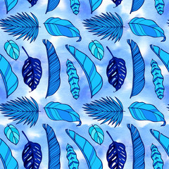Seamless pattern with tropical palm leaf in neon colors.