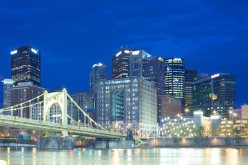 Fototapeta na wymiar Downtown skyline and Roberto Clemente Bridge over Allegheny River, Pittsburgh, Pennsylvania, USA