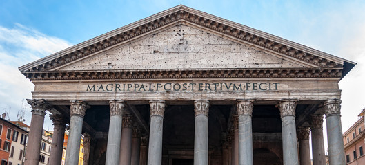 Rome Italy. Detail of the facade of the Pantheon, a majestic temple of the Roman Empire. The Latin inscription remembers the builder "Marco Agrippa, son of Lucio, consul for the third time, he built"