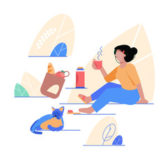 A woman sits in the park and drinks coffee, tea. Flat style vector illustration