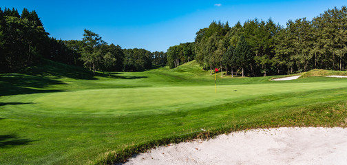 View of Golf Course with beautiful putting green. Golf course with a rich green turf beautiful scenery.	