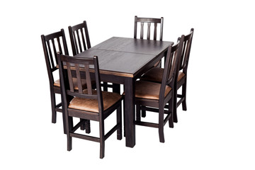 Table and six chairs for kitchen, isolated on white background. Furniture made of natural wood.