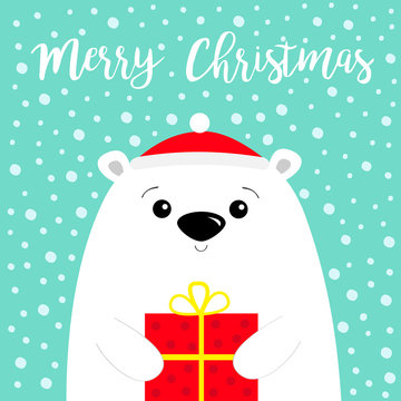 Merry Christmas. White polar bear cub face holding gift box present. Red Santa Claus hat. Happy New Year. Cute cartoon baby character. Arctic animal. Flat design Hello winter. Blue snow background.