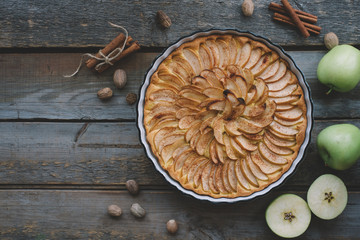 Homemade apple tart on rustic wooden table