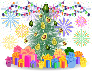Christmas tree made of tropical monstera leaves, avocado, gifts under the tree and fireworks. New Year celebration concept, banner, postcard, creative