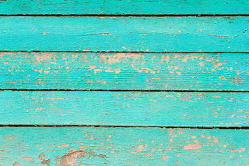 Old wooden background with cracked turquoise paint