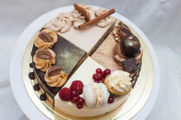 Four pieces of vanilla, chocolate, gingerbread and peanut cheesecake decorated with fresh berries, macaroons, candies and chocolate balls on white background. 