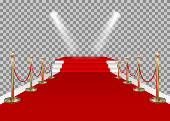 Red carpet and golden barriers with stairs, scene and spotlights. VIP entering the stage for the award. Shiny fencing isolated on transparent background. Vector illustration.